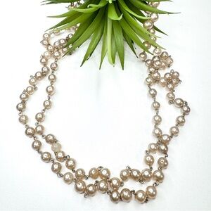 Vintage 53” Rose Dust Faux Pearl Glass Beaded Silver Tone Link Necklace